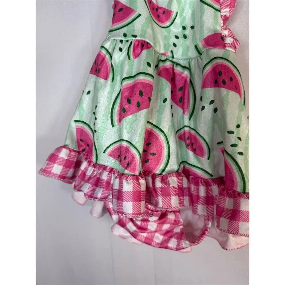 Baby Girl Watermelon Print Romper Dress Pink Gingham Ruffles Tie Straps